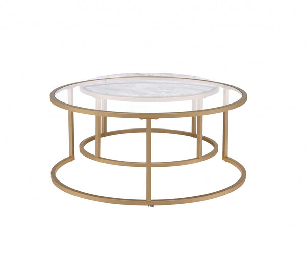 Homeroots Set Of Two 36" Clear White And Gold Glass Faux Marble And Iron Round Nested Coffee Tables   347396