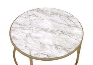Homeroots Set Of Two 36" Clear White And Gold Glass Faux Marble And Iron Round Nested Coffee Tables   347396