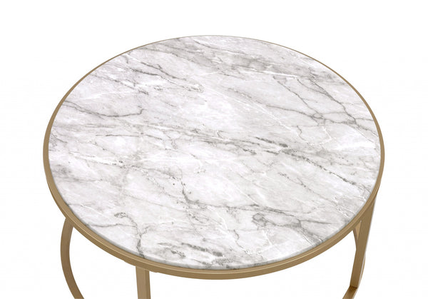 Homeroots Set Of Two 36" Clear White And Gold Glass Faux Marble And Iron Round Nested Coffee Tables   347396