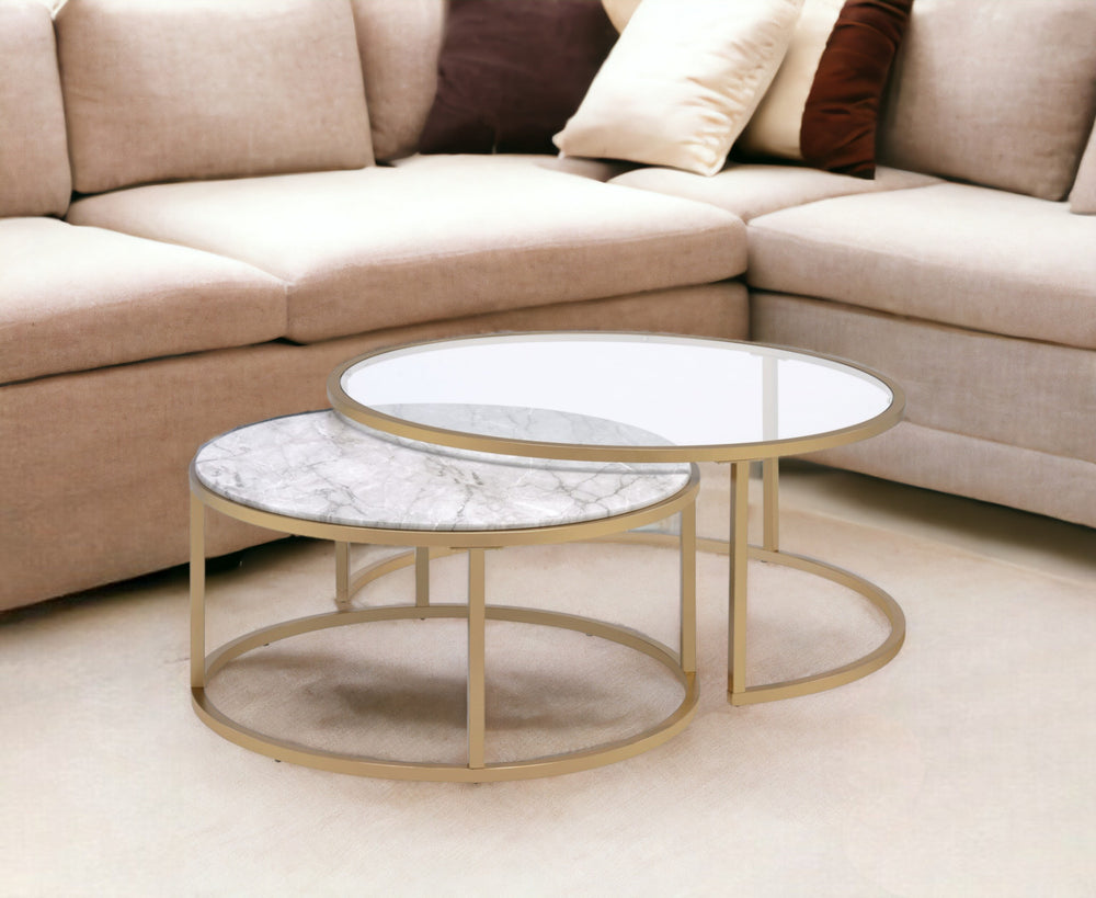 Homeroots Set Of Two 36" Clear White And Gold Glass Faux Marble And Iron Round Nested Coffee Tables   347396