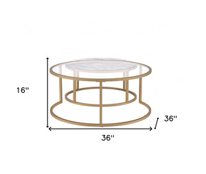 Homeroots Set Of Two 36" Clear White And Gold Glass Faux Marble And Iron Round Nested Coffee Tables   347396