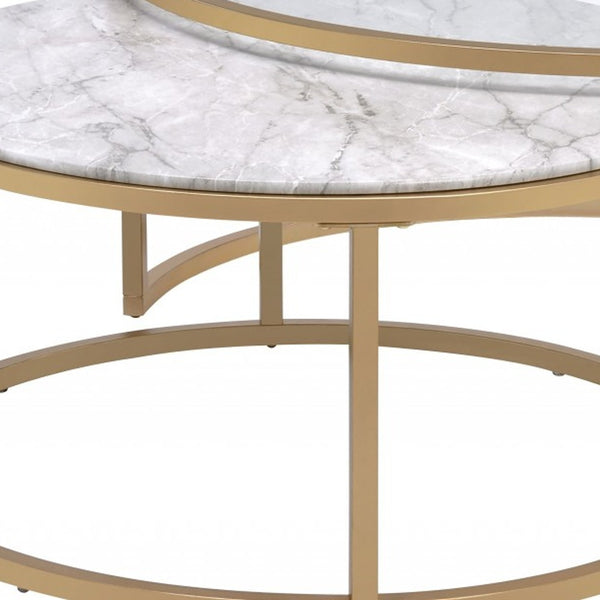 Homeroots Set Of Two 36" Clear White And Gold Glass Faux Marble And Iron Round Nested Coffee Tables   347396