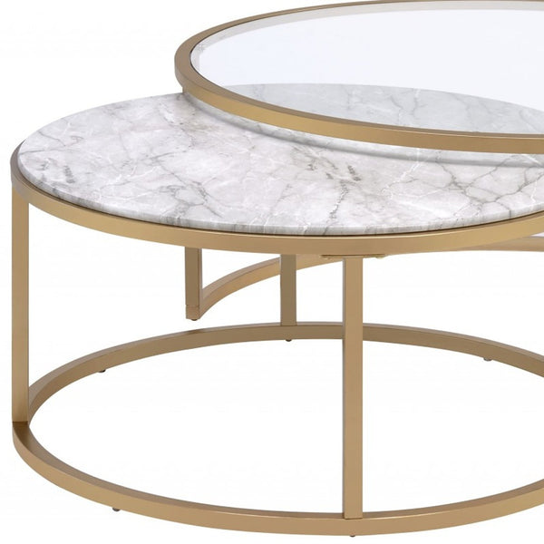 Homeroots Set Of Two 36" Clear White And Gold Glass Faux Marble And Iron Round Nested Coffee Tables   347396