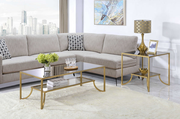 Homeroots 24" X 48" X 18" Antique Gold Smoky Glass Metal Coffee Table   347397