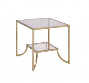 HomeRoots 24" Gold and Clear Glass End Table - Modern Glam Accent for Living Room, Bedroom, or Snack Use 347398