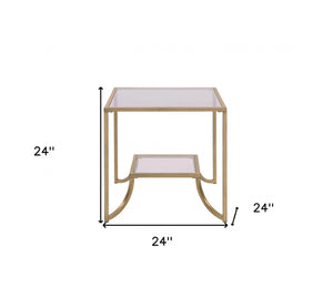 HomeRoots 24" Gold and Clear Glass End Table - Modern Glam Accent for Living Room, Bedroom, or Snack Use 347398