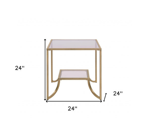 HomeRoots 24" Gold and Clear Glass End Table - Modern Glam Accent for Living Room, Bedroom, or Snack Use 347398