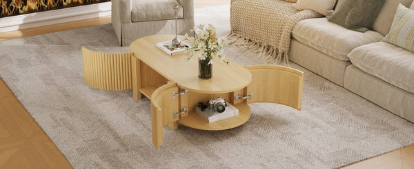 English Elm Oval Fluted Rubberwood Coffee Table with Open Storage Shelf for Living Room Natural N735P369880N