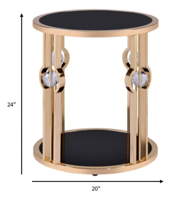 HomeRoots 24" Gold and Black Glass Round End Table - Modern Glam Accent for Living Room, Bedroom, Entryway 347400