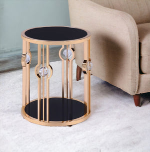 HomeRoots 24" Gold and Black Glass Round End Table - Modern Glam Accent for Living Room, Bedroom, Entryway 347400