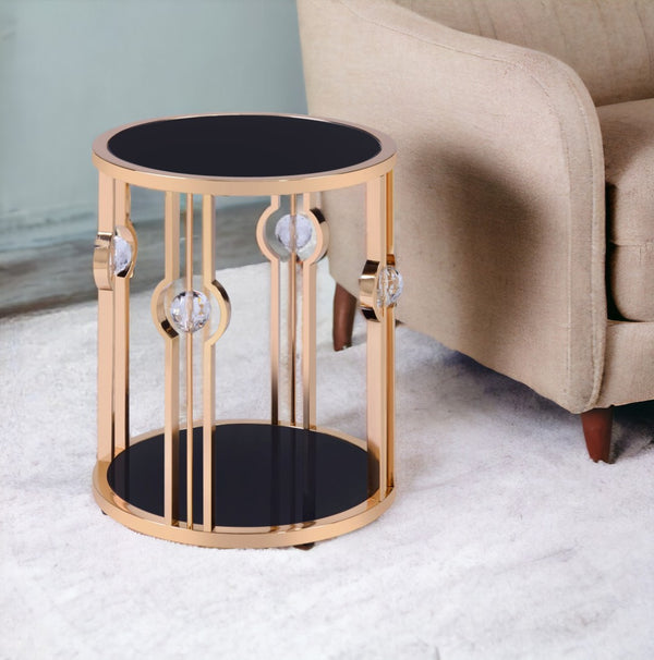 HomeRoots 24" Gold and Black Glass Round End Table - Modern Glam Accent for Living Room, Bedroom, Entryway 347400