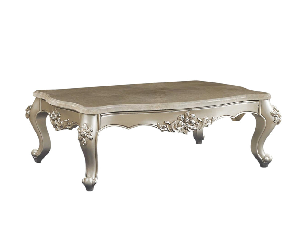 Homeroots 57" Beige Genuine Marble And Solid Wood Coffee Table Champagne  347409