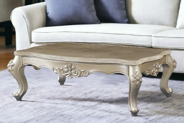 HomeRoots 57" Beige Marble & Solid Wood Coffee Table - Timeless Queen Anne Design for Elegant Living Spaces Champagne 347409