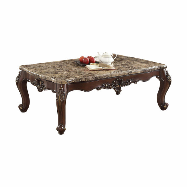 Homeroots 34" X 58" X 21" Marble Dark Walnut Wood Coffee Table   347411