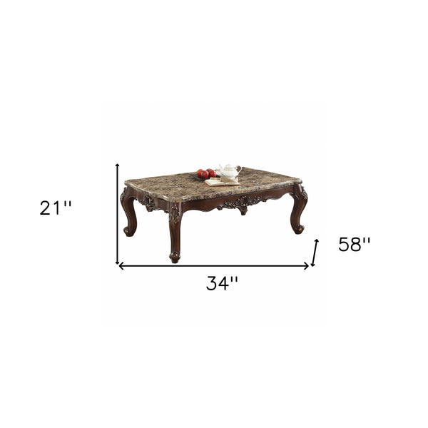 Homeroots 34" X 58" X 21" Marble Dark Walnut Wood Coffee Table   347411