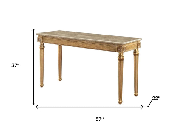 HomeRoots 57" Brown and Gold Marble Console Table - Unique Veining, Stylish Design for Entryway & Living Room 347417