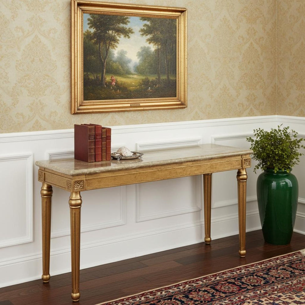 HomeRoots 57" Brown and Gold Marble Console Table - Unique Veining, Stylish Design for Entryway & Living Room 347417