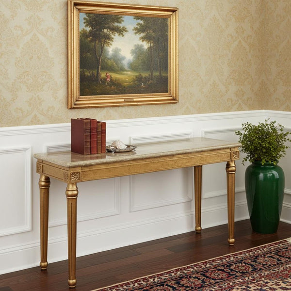 HomeRoots 57" Brown and Gold Marble Console Table - Unique Veining, Stylish Design for Entryway & Living Room 347417
