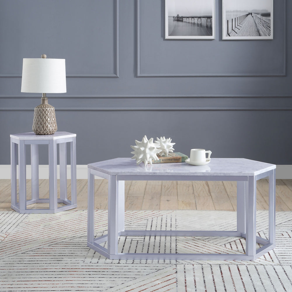 Homeroots 20" X 40" X 18" Silver Marble Wood Coffee Table   347428