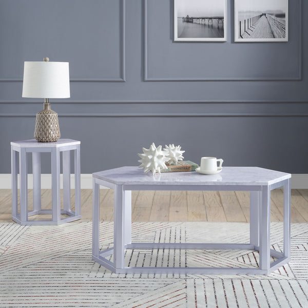 Homeroots 20" X 40" X 18" Silver Marble Wood Coffee Table   347428