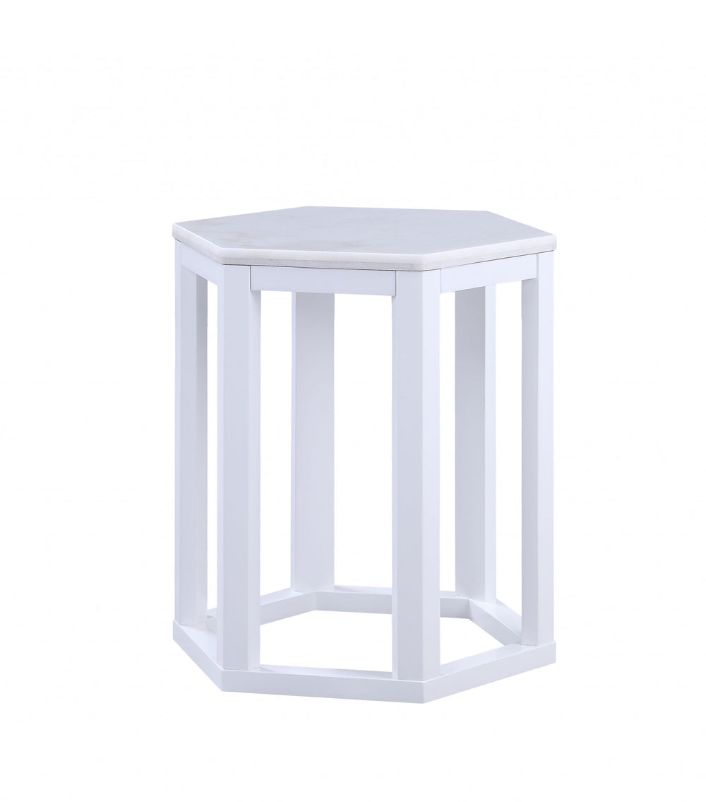 Homeroots 16" X 18" X 20" White Marble Wood 2pc Pk End Table   347430