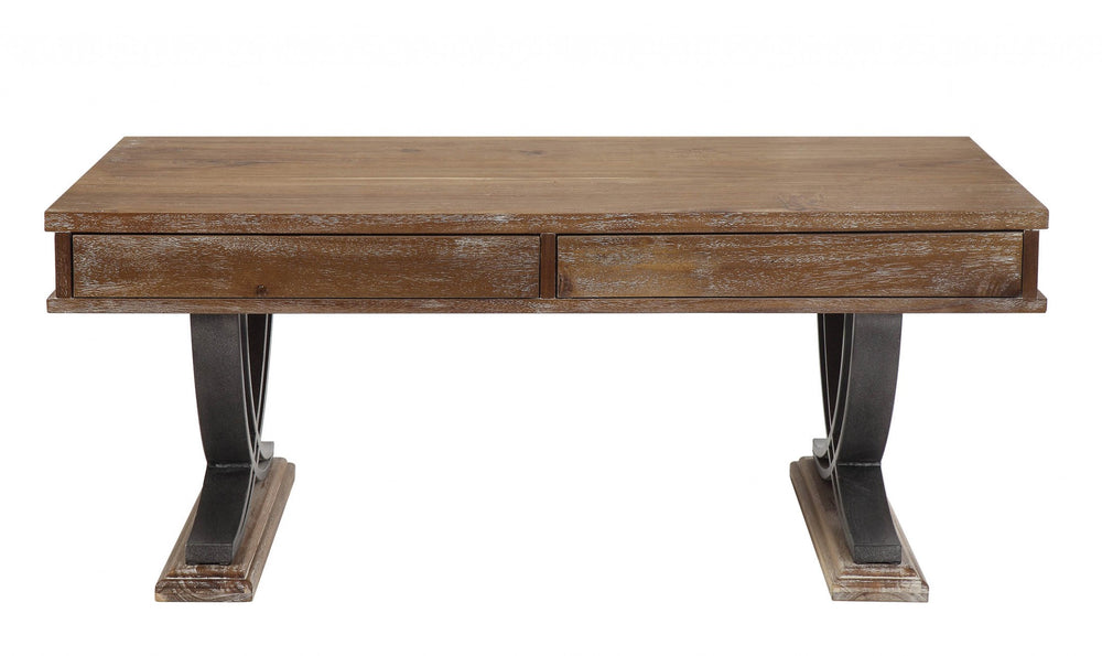 Homeroots Industrial Style Antiqued Oak Finish Coffee Table With Black Accents   347438