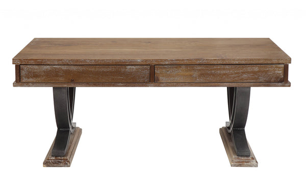 Homeroots Industrial Style Antiqued Oak Finish Coffee Table With Black Accents   347438