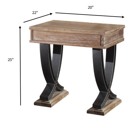 Homeroots 20" X 22" X 25" Antique Oak Black Wood Metal End Table   347439