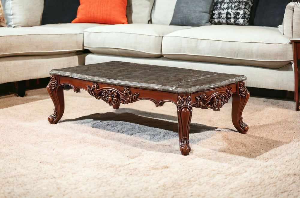 HomeRoots 36" Elegant Gray Marble and Solid Wood Coffee Table for Timeless Living Room Style and Durability 36" X 63" X 20" 347440