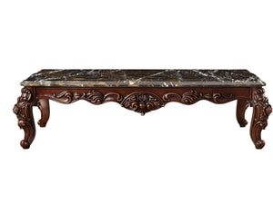 HomeRoots 40" Elegant Dark Brown Marble and Merlot Solid Wood Coffee Table with Classic Queen Anne Legs 347442