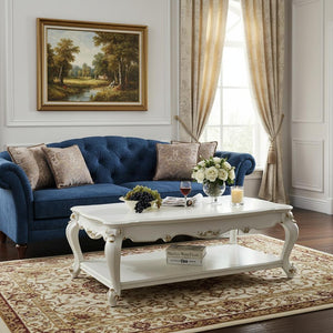 HomeRoots 36" White Resin Coffee Table with Wooden Shelf – Elegant, Durable Design for Any Living Space Antique Pearl 347444