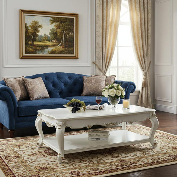HomeRoots 36" White Resin Coffee Table with Wooden Shelf – Elegant, Durable Design for Any Living Space Antique Pearl 347444