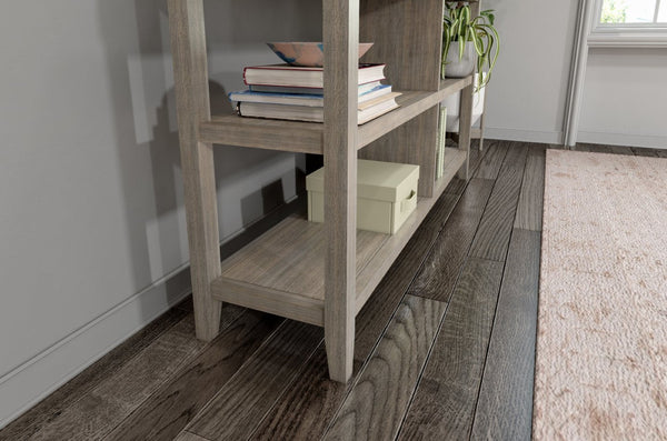 English Elm Wood Open Shelf Bookcase Walnut Finish Mid Century Modern Low Profile Living Room Gray Wash B2751P436407