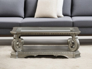 HomeRoots 30" Clear Glass and Gray Solid Wood Floor Coffee Table with Storage Shelf for Modern Living Spaces 347462