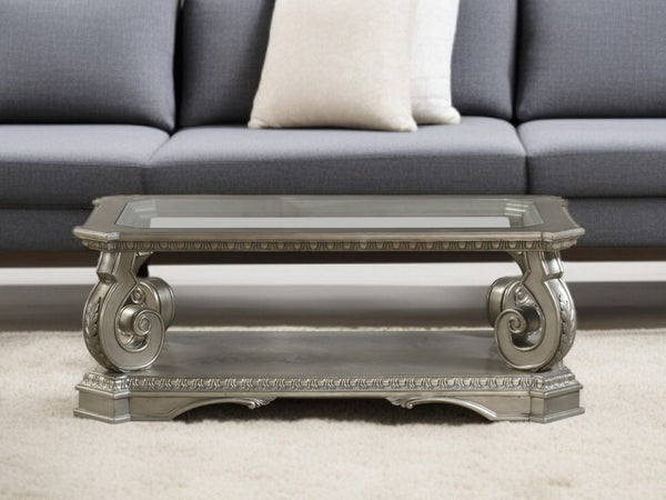 HomeRoots 30" Clear Glass and Gray Solid Wood Floor Coffee Table with Storage Shelf for Modern Living Spaces 347462