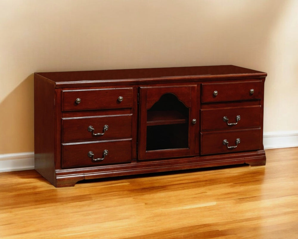 HomeRoots 58" Brown Wood TV Stand with Open Shelves and Enclosed Storage for Stylish Media Organization Cherry 347481
