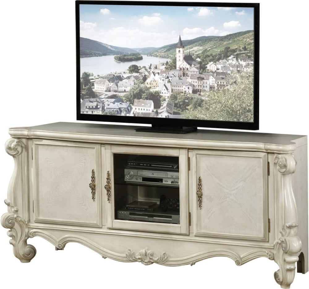 HomeRoots 21" Elegant Wood and Glass TV Console with Classic Scrollwork and Ample Storage for Any Space Bone White 347486