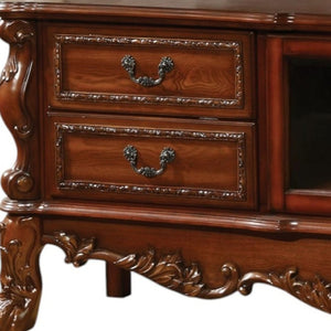HomeRoots 21" Elegant Wood and Glass TV Console with Classic Scrollwork and Ample Storage for Any Space Cherry Oak 347488