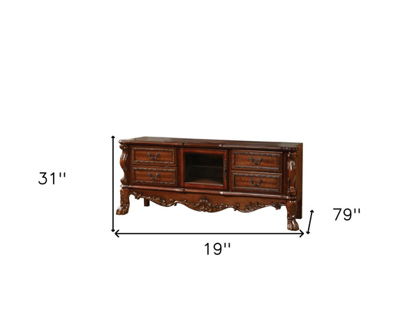HomeRoots 21" Elegant Wood and Glass TV Console with Classic Scrollwork and Ample Storage for Any Space Cherry Oak 347488
