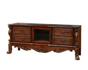 HomeRoots 21" Elegant Wood and Glass TV Console with Classic Scrollwork and Ample Storage for Any Space Cherry Oak 347488