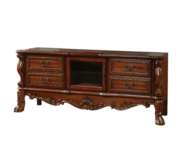 HomeRoots 21" Elegant Wood and Glass TV Console with Classic Scrollwork and Ample Storage for Any Space Cherry Oak 347488
