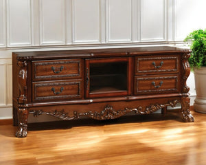 HomeRoots 21" Elegant Wood and Glass TV Console with Classic Scrollwork and Ample Storage for Any Space Cherry Oak 347488