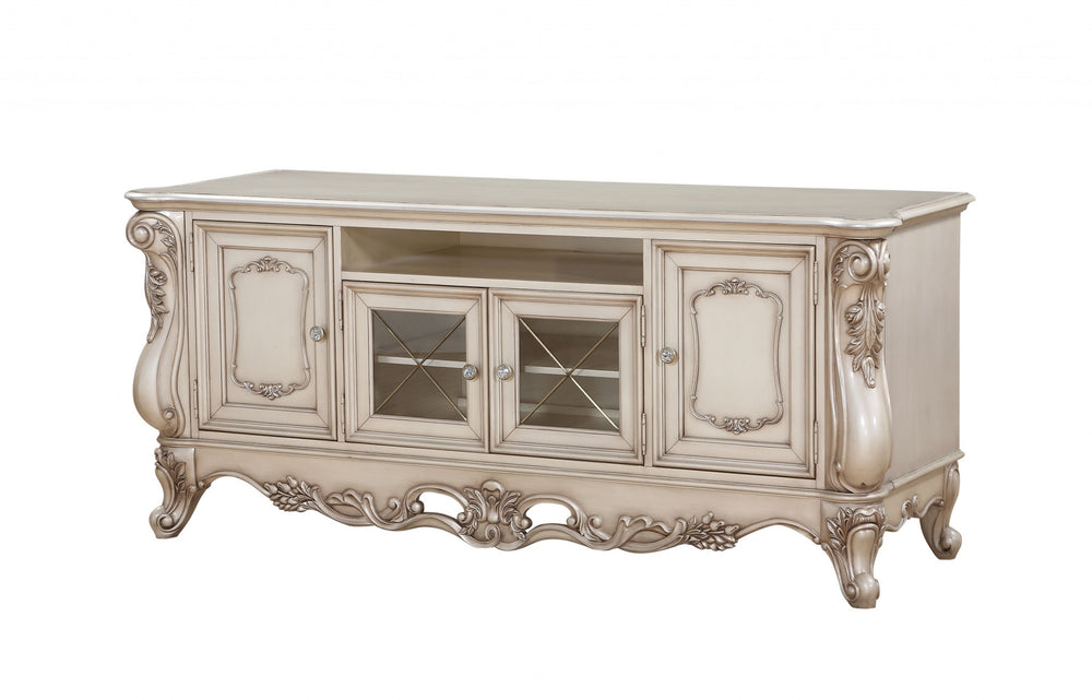 Homeroots 25" X 74" X 32" Antique White Wood Glass Poly-resin Tv Stand  Solid Wood 347491