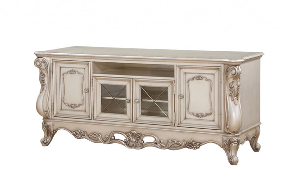 Homeroots 25" X 74" X 32" Antique White Wood Glass Poly-resin Tv Stand  Solid Wood 347491