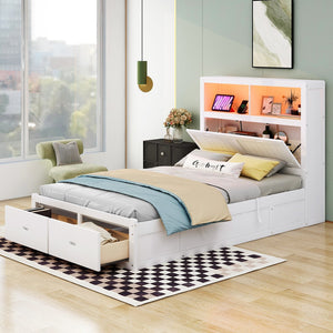 English Elm Wood Full Size Hydraulic Platform Bed with LED Headboard, Charging Station, Hidden Storage Drawers and Shelves White GX000371AAK