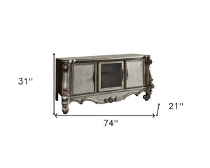 HomeRoots 74" Platinum Solid Wood Multi-Purpose TV Stand with Open Shelving & Enclosed Storage for Organizing 347500