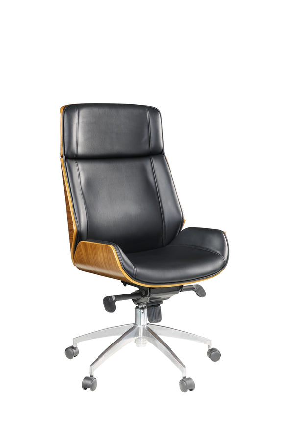 Homeroots 26" X 23" X 49" Black Bonded Leather And Bentwood Frame Executive Office Chair With Solid Chrome Base And Caster Wheels  Metal 347508