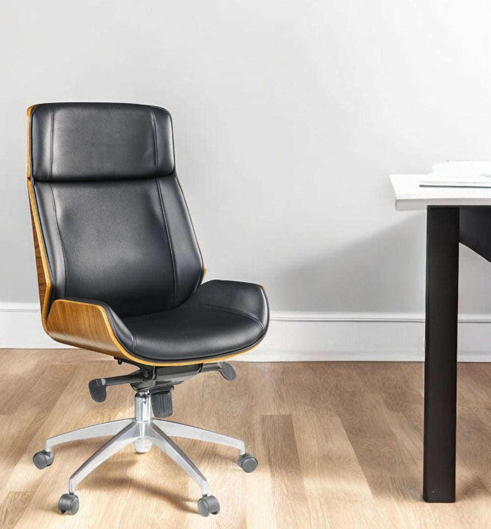 Homeroots 26" X 23" X 49" Black Bonded Leather And Bentwood Frame Executive Office Chair With Solid Chrome Base And Caster Wheels  Metal 347508