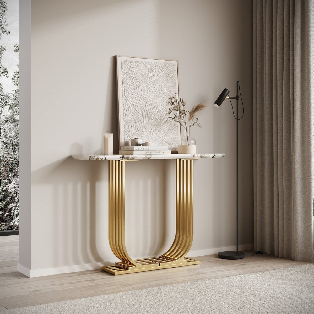 English Elm Accent Console Table Sculptural Black Gold Metal Legs Slim Entryway Hallway Decor W2263P395487