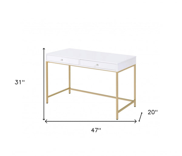 Homeroots 47" White And Gold Computer Desk With Two Drawers   347510